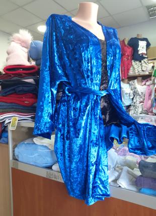 Велюровая Пижама женская майка шорты синий халат р. 42 44 46 48