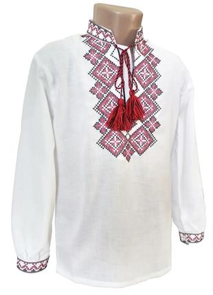Белая Домотканая рубашка вышиванка для мальчика Красный орнаме...