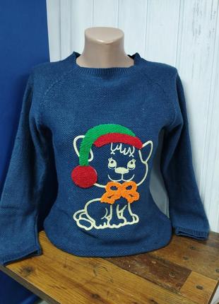 Джемпер женский синий теплый новогодний свитерок с кошечкой