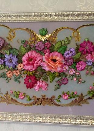 Картина з вишивкою стрічками "Вінтажні квіти"