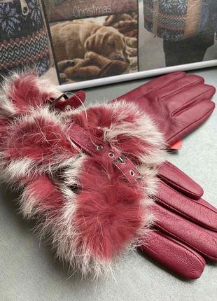 Кожаные женские перчатки с мехом. рукавички жіночі червоні