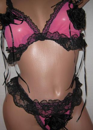 Эротический комплект нижнего белья розовый с черным кружевом