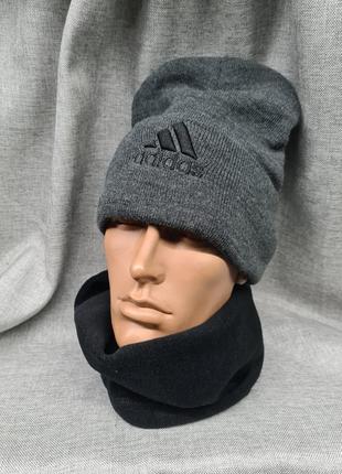 Шапка adidas мужская на флисе осень зима, мужская серая шапка,...