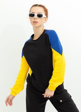 Жіночий чорний світшот із синьо-жовтими вставками