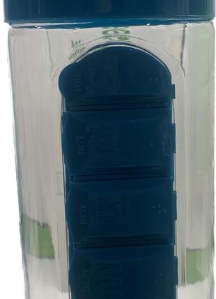 Бутылка для воды с таблетницей на 7 дней голубая 600 мл
