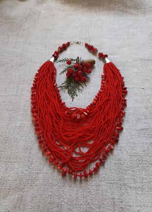 Красное ожерелье коралл бисер
