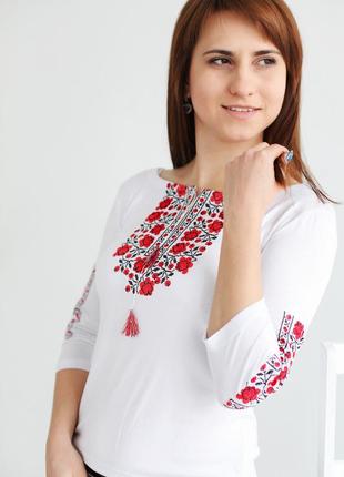 Молодежная вышитая женская футболка с вышитыми 3/4 рукавами с-3