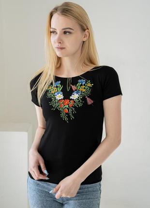 Молодежная женская вышитая футболка "волошковое поле" а-42