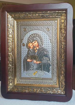 Почаевская икона Божией Матери под серебро, киот 32×42см