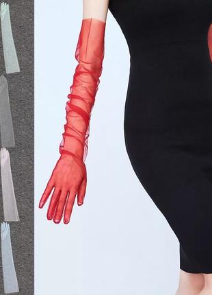 Длинные красные перчатки из фатина прозрачные