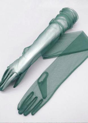 Длинные фатиновые перчатки зеленые