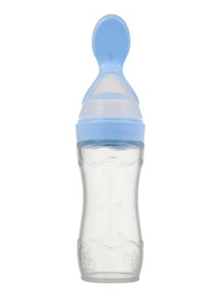 Бутылочка с ложкой силиконовая для кормления Голубая BLPP09