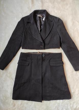 Черное натуральное шерстяное пальто кроп короткое длинное тран...