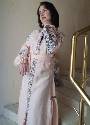 Платье женское,розовое,с вышивкой " княжна" ,домотканное полотно