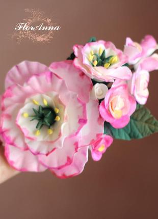 Розовая заколка/брошь  с цветами "розовые эустомы c розами". п...