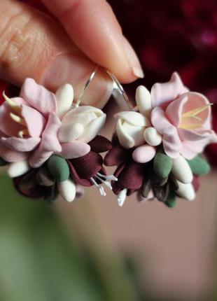 Женские серьги ручной работы  цветы из полимерной глины "совин...