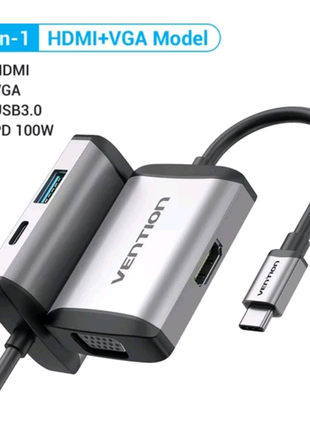 Type-C Hub 4 в 1 - HDMI, VGA, USB 3.0, PD 100W, Vention