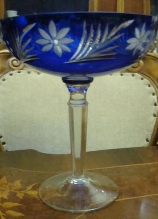 Старинная ваза - фруктовница кобальт резьба цветной хрусталь с...