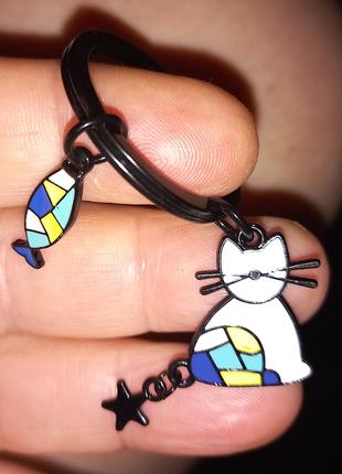 Брелок на ключи металл эмаль кошка кот оригами черный на хвост...