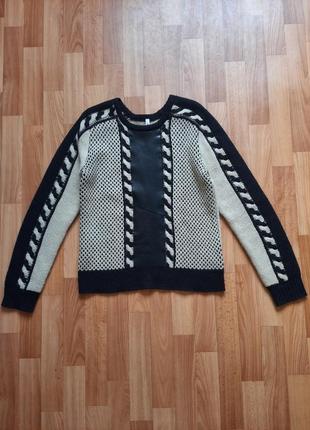 Шерстяной вязаный свитер бежевый с черным