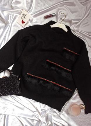 Кашемировый свитер / черный / с натуральным мехом кролика