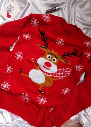 Новогодний / рождественский свитер / красный с оленем