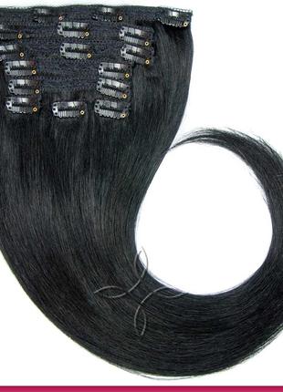Натуральные Азиатские Волосы на Заколках 40 см 120 грамм, Черн...