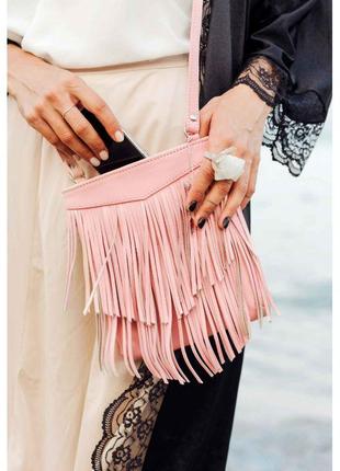 Кожаная женская сумка с бахромой мини-кроссбоди Fleco розовая