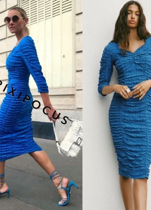 Жаккардовое облегающее платье синее с длинным рукавом  zara