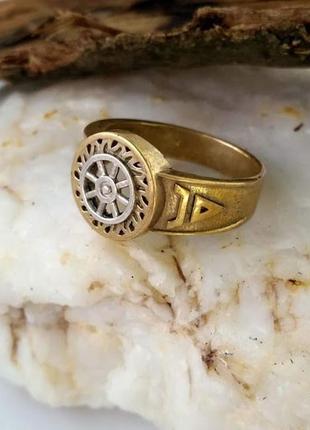 Кольцо колесо сварога и символ велеса из бронзы с серебряной н...
