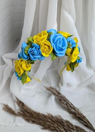 Обруч ободок с желто-голубыми цветами