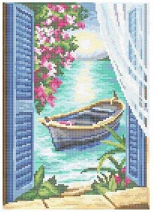 Схема для вышивки бисером Утренняя рыбалка лодка пляж птицы ча...