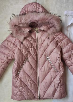 Розовая перламутровая оверсайз детская куртка зимний пуховик д...