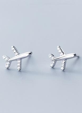 Серебряные сережки-гвоздики самолёты с камнями серебро