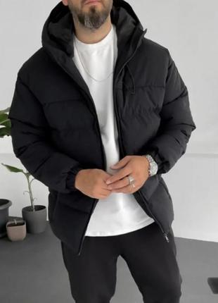Чоловіча куртка з капюшоном утеплена чорна великі розміри дута
