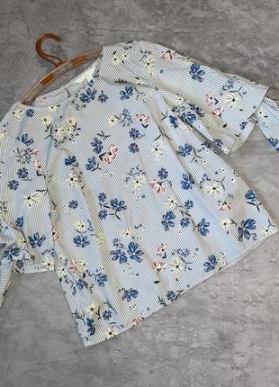 Футболка блузка блуза в полоску цветы голубая белая женская
