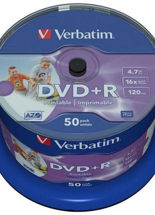 Диск DVD+R 4.7GB 16x 50pcs Verbatim Wide Inkjet Printable No I...