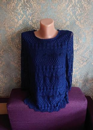 Красивая синяя женская блуза кружево р.40/42/44 блузка блузочк...