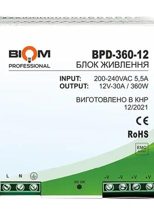 Блок питания Biom на DIN-рейку TH35/ЕС35 360W 30A 12V IP20 BPD...