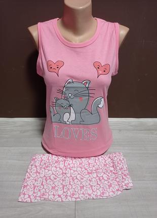 Подростковая пижама для девочки Турция Котик майка и шорты 10-...