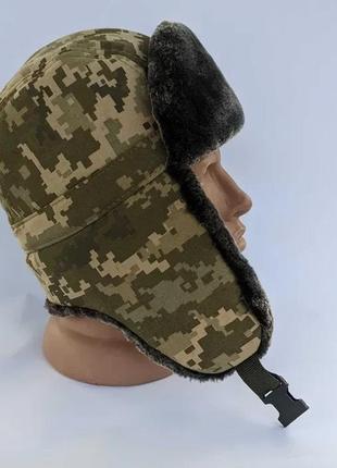 Мужская шапка ушанка из искусственного меха - пиксель с липучкой