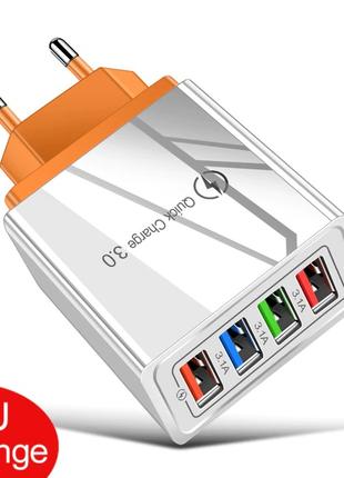 USB адаптер блок швидкий зарядний пристрій на 4 USB порти оранжев