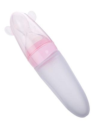 Бутылочка с ложкой силиконовая для кормления у ушками Розовый ...
