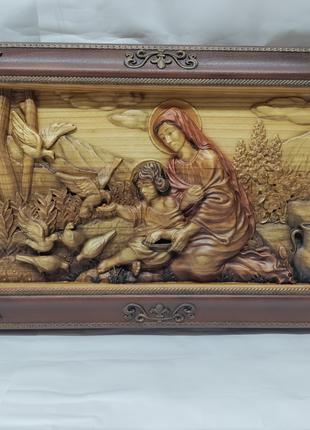 Икона Мария с Иисусом кормят голубей, икона из дерева, резная