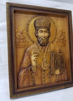 Икона Святой Николай, икона из дерева, икона резная из дерева