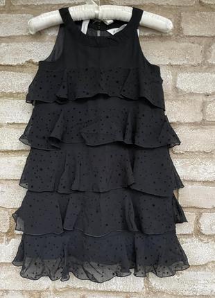 1, Нарядное шифоновое черное платье с воланами в бархатную зве...