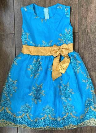 1, Нарядное бирюзовое платье с золотистым поясом для принцесс ...