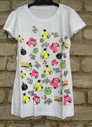 1, Біла футболка Angry Birds з неоновими пташками та перламуро...