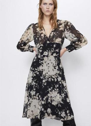 Zara платье шифоновое миди с цветочным принтом xs