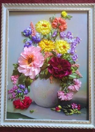 Картина з вишивкою стрічками "Букет квітів"